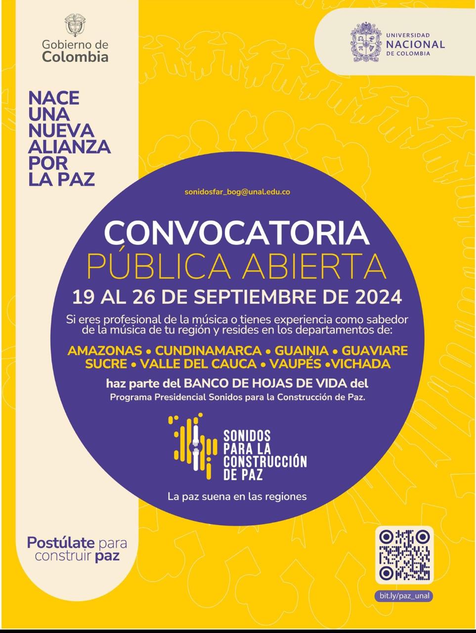 En este momento estás viendo CONVOCATORIA PÚBLICA, PARA CONSOLIDAR BANCO DE HOJAS DE VIDA PARA LA SELECCIÓN Y VINCULACIÓN DEL EQUIPO NODOS TERRITORIALES Y ARTISTAS FORMADORES Y/O ARTISTA SABEDORES EN EL MARCO PROGRAMA PRESIDENCIAL SONIDOS PARA LA CONSTRUCCIÓN DE PAZ